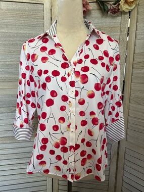 FOXCROFT NWT Women’s SZ 10P Mary Style Wrinkle-free “Sweet Cherries”Watercolor 🍒